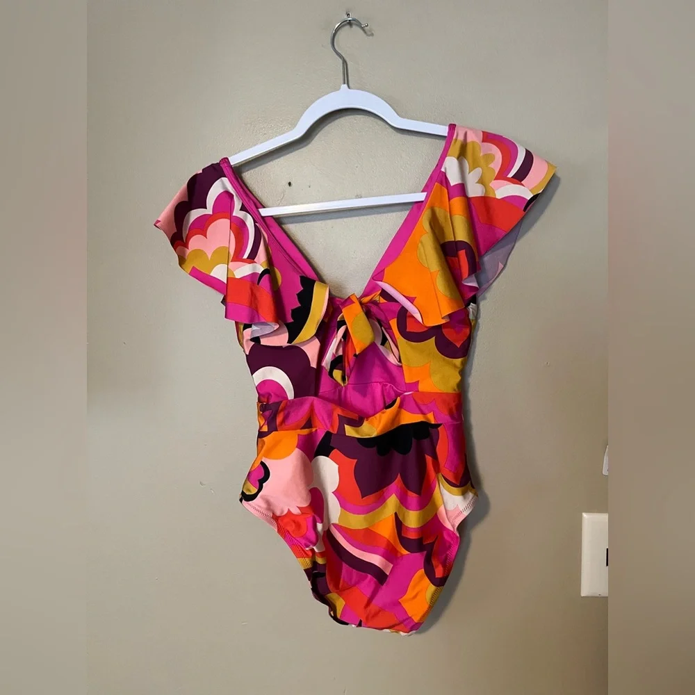 Ruffle V-Neck One-Piece Swimsuit in Multi Pink-Orange Print